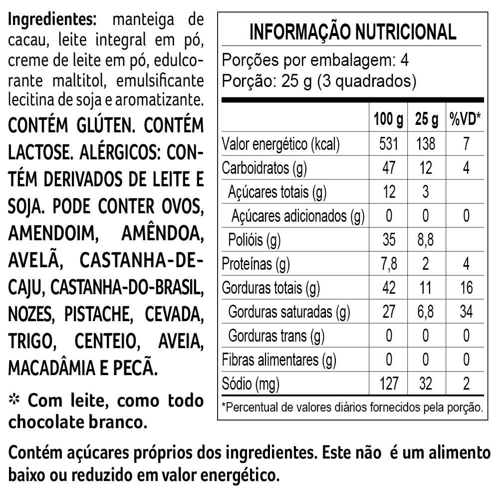 Tablete laCreme Branco Zero Adição de Açúcar 100g